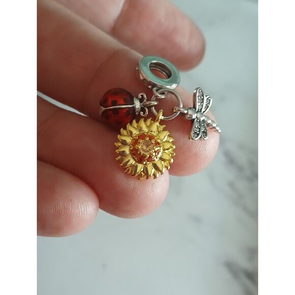 Ladybug Sunflower and Dragonfly Tri Dangle Charm S925 Silver 14K Gold Plated - Picture 9 of 11